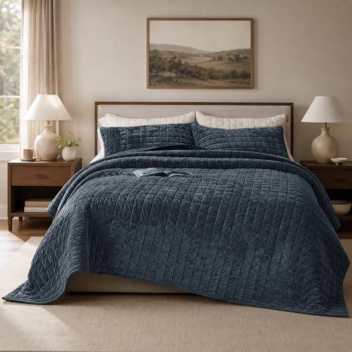Quilt Set King Size 98x106 Luxurious Velvet Bedding Sets with 2 Pillow Shams 20x36 3 Pieces Ultra Soft Quilted Bedspread Coverlet Comforter for All Season,Grey Blue