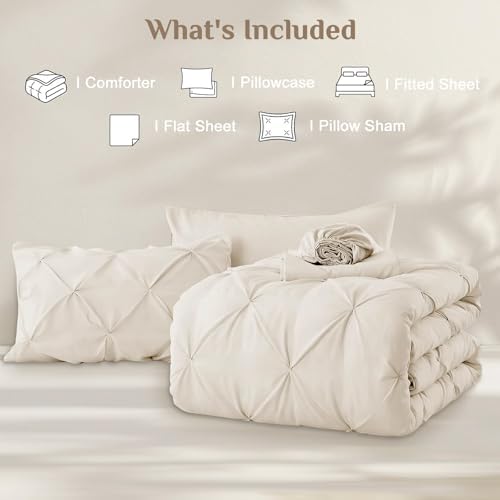 JOLLYVOGUE Twin Comforter Set 5 Pieces - Bed in a Bag Twin for All Season, Pintuck Bedding Comforter Sets with Comforter, Flat Sheet, Fitted Sheet and Pillowcases & Shams, Beige