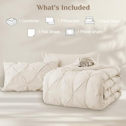 JOLLYVOGUE Twin Comforter Set 5 Pieces - Bed in a Bag Twin for All Season, Pintuck Bedding Comforter Sets with Comforter, Flat Sheet, Fitted Sheet and Pillowcases & Shams, Beige