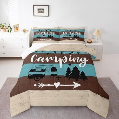 Manfei Happy Camping RV Kids Comforter Set Twin Size,Pine Wooden Cabin Rustic Farmhouse Bedding Set,Girls Boys Room Decor,Adventure Camper Quilt Comforter,Blue Country Duvet Insert,1 Pillowcase