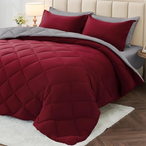 MUXHOMO 7 Pieces King Comforter Set, Reversible Bed in a Bag King Size, All Season Bedding Set with Comforter, Flat Sheet, Fitted Sheet, Pillowcases & Shams, Burgundy & Grey