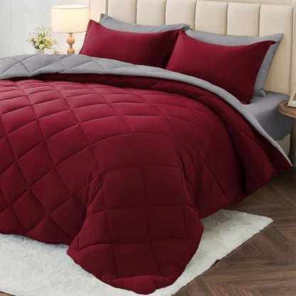 MUXHOMO 7 Pieces King Comforter Set, Reversible Bed in a Bag King Size, All Season Bedding Set with Comforter, Flat Sheet, Fitted Sheet, Pillowcases & Shams, Burgundy & Grey