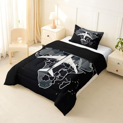Erosebridal Airplane Toddler Comforter Set Aircraft Bedding Set Gradient Gray World Map Comforter for Kids Boys Girls Modern Transportation Plane Quilt Duvet