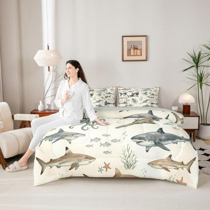 Feelyou Shark Comforter Set Twin Size 7 Pieces Octopus Starfish Bedding Set for Kids Boys Girls Sea Underwater World Bed in a Bag with Comforter, Sheets, Pillowcases, Cushion Covers Lightweight