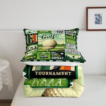 Manfei Golf Comforter Set King Size, Fashion Sports Theme Quilt Set with 2 Pillowcases, Green Lattice Patchwork Bedding Set 3pcs for Kids Boys Teens Bedroom Decor Ball Gaming Duvet Insert