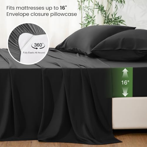 Love's cabin 4 Piece Full Size Sheet Set, 100% Rayon Derived from Bamboo, Cooling & Breathable, Soft Silky Deep Pocket up to 16", Hotel Luxury Bedding for Hot Sleepers, Black