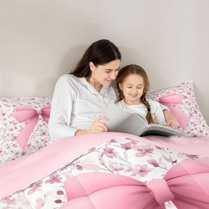 jejeloiu Girls Pink Bow Comforter Set Queen Size Bow Bedding Set for Kids Boys Girls Cute Bowknot Duvet Quilt Bedroom Decor Microfiber 3 Pcs with 2 Pillow Cases