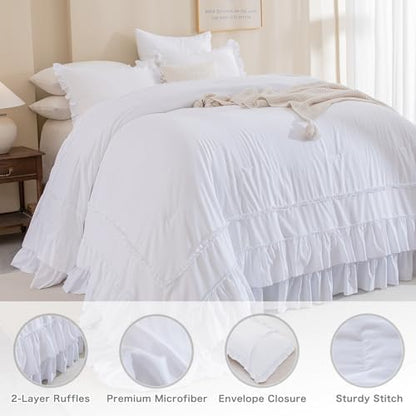 Masaca White Oversized King Comforter 120x98,Farmhouse Shabby Boho Chic Ruffle California King Comforter Set 3 Pieces French Country Rustic Bedding (1 Ruffled Comforter+2 Pillow Shams)