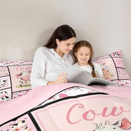 Cute Cow Print Comforter Set Full Size Kawaii Highland Cow Bedding for Boys Girls Lovely Farmhouse Animal Decor Bedding Comforter Sets Pink Milk Cow Print Duvet Insert Plaid Stripe Quilt