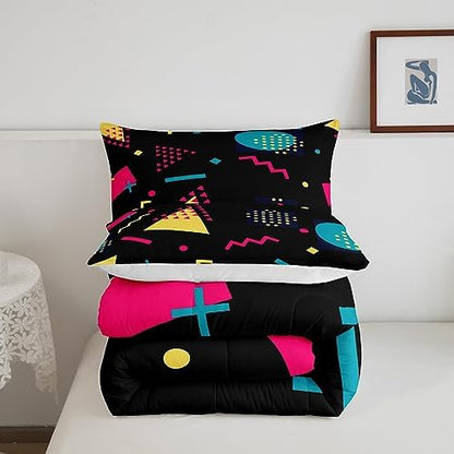 Manfei Memphis Comforter Set Queen Size, Retro 80s 90s Geometric Fashion Style Bedding Set 3pcs for Kids Boys, Triangle Circle Vintage Quilt Set Soft Polyester Duvet Set with 2 Pillowcases