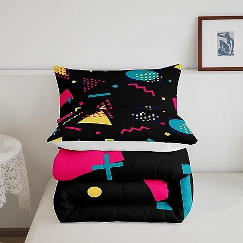Manfei Memphis Comforter Set Twin Size, Retro 80s 90s Geometric Fashion Style Bedding Set 2pcs for Kids Boys, Triangle Circle Vintage Quilt Set Soft Polyester Duvet Set with 1 Pillowcase