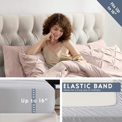Nestl 9 Piece King Comforter Set – Blush Pink Pinch Pleated Bed in a Bag – Complete King Size Bedding Set with Sheets, Set of 2 Cooling Pillows, Pillowcases and Shams