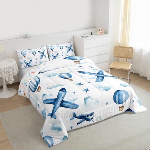 Erosebridal Cartoon Aircraft Queen Comforter Set for Boys, Dreamy Hot Air Balloon Bedding Set, Blue White Clouds Comforter for Kids Teens Girls Adults Bedroom, Airplane Star Print Quilt