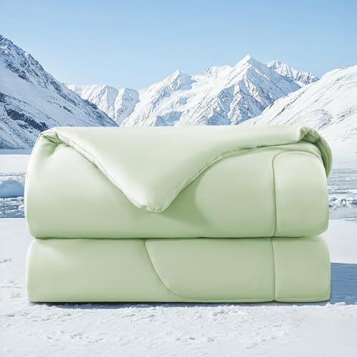 HYLEORY Cooling Comforter Queen Size - Summer Cooling Blanket for Hot Sleepers/Night Sweats, Double-Sided Cold Touch Silky Ice Comforters, Breathable Lightweight Beddings, Cool Green, 90"x90"