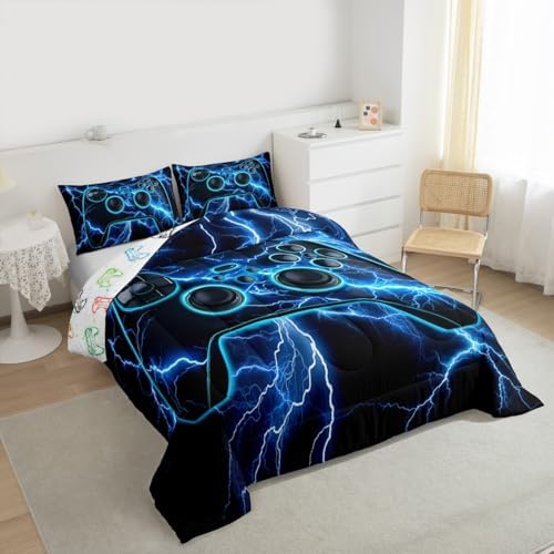 Erosebridal Gaming Queen Comforter Set Gamer Bedding Set, Video Game Consoles Down Comforter Blue Lightning Quilt,Gamer Room Decor for Boys