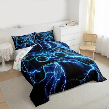 Erosebridal Gaming Queen Comforter Set Gamer Bedding Set, Video Game Consoles Down Comforter Blue Lightning Quilt,Gamer Room Decor for Boys