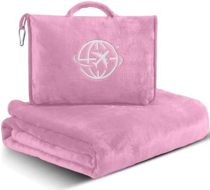 2-in-1 Travel Blanket and Pillow – Lightweight, Compact, Ultra Soft, Machine Washable – Handle, Luggage Sleeve, Backpack Clip – for Trave Airplane, Car, Office (light pink)