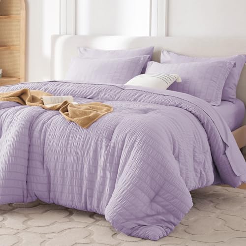 MUXHOMO 7 Pieces Oversized Queen Comforter Set, Seersucker Bed in a Bag Oversized Queen Size, All Season Luxury Bedding Set with Comforter, Flat Sheet, Fitted Sheet, Pillowcases & Shams, Lavender