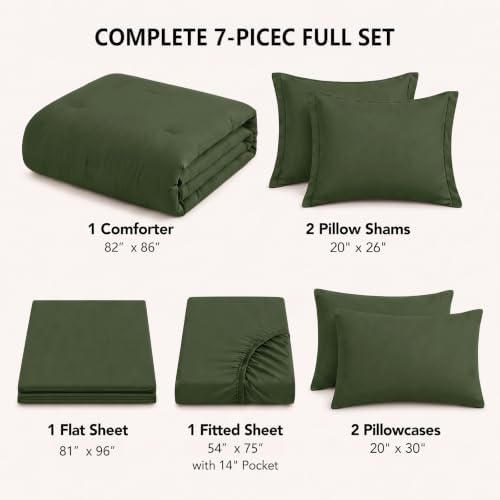 HIMEET Full Comforter Set, 7-Piece Point-Quilted Bed in a Bag, Olive Green