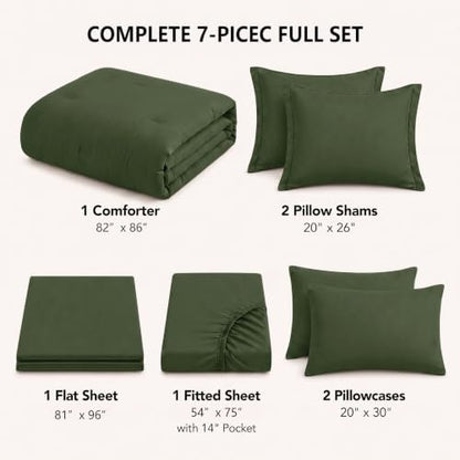 HIMEET Full Comforter Set, 7-Piece Point-Quilted Bed in a Bag, Olive Green