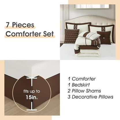 LANCO MODERN LIFESTYLE 7 Piece Comforter Set, Queen, Brown Geometric Clip Design, 100% Polyester, Luxury All Seasons Bed Set Includes Comforter, Bed Skirt, Pillow Shams, and Decorative Pillows