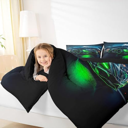 Green Race Car Toddler Comforter Set for Boys,3D Emerald Green Racing Car Bedding for Kids Teen,Cool Speed Cars Down Comforter for Adults Extreme Sports Gaming Quilt Bed Set Lightweight Duvet Insert