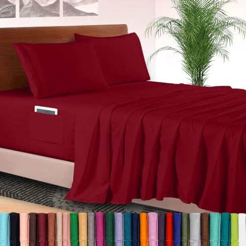 Elegant Comfort 4-Piece Bed Sheet Set - Luxury Bedding 1500 Premium Hotel Quality Microfiber, All Around Elastic 18-24 Inches Deep Fitted Sheet- Extra Deep Pocket Sheets, California King, Burgundy