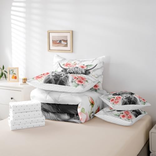 Erosebridal Highland Cow Flower Queen Comforter Set with Sheets 7 Piece Rose Grey Marble Bed in A Bag Western Funny Animal Bedding Sets for Kids Boys,Wildlife Farmhouse Cattle Bed Set
