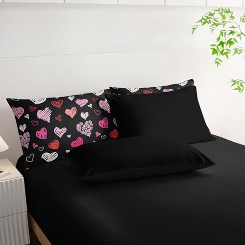 Nttopship Love Black Comforter Set King Size 7Pcs，Love Valentines Day Romantic Soft Bedding Set Pink Watercolor Kawaii Cartoon Love Heart Geometric, Bed Sheet Set Cartoon Love Decor