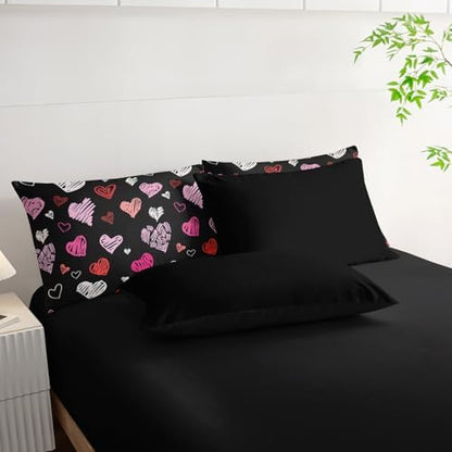 Nttopship Love Black Comforter Set King Size 7Pcs，Love Valentines Day Romantic Soft Bedding Set Pink Watercolor Kawaii Cartoon Love Heart Geometric, Bed Sheet Set Cartoon Love Decor