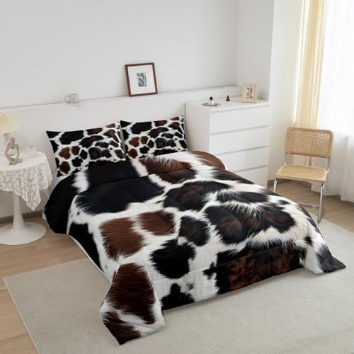 Cow Print Bedding Set for Adult Women - Black And White Highland Cow Print Comforter Set - King Size