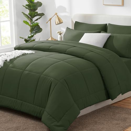CozyLux King Size Comforter Set Olive Green - 7 Pieces Bed in a Bag