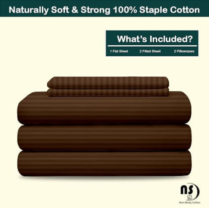 NON Sticky cotton Adjustable Split King Sheet Set for Sleep Number Beds, Premium 100% Long Staple Cotton Bedding, Two Twin XL 39" X 80" Fitted Sheets Fits Up to 18" Deep Mattress, Chocolate Stripe