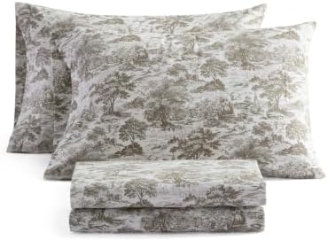 Martha Stewart - Full Sheet Set with Fitted Sheet & Pillowcases, Cotton Percale Bedding with a Smooth Feel, Deep Pocket, Amelie Toile Brown