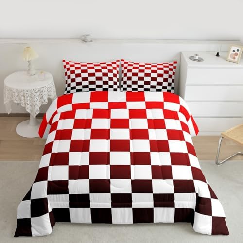 Feelyou Checkered Comforter Set Queen Size Modern Geometric Gradient Red Bedding Set for Kids Boys Girls Cute Neutral Plaid Duvet Quilt Vintage Aesthetic Bedroom Decor 3 Pcs with 2 Pillow Cases