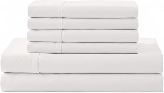 Linen Home 100% Cotton Percale Sheet Set, Queen Size, White, Deep Pocket, 6 Pieces Set - 1 Flat, 1 Deep Pocket Fitted Sheet and 4 Pillowcases, Crisp Cool and Strong Bed Linen