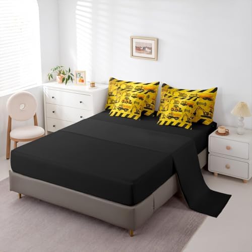 Erosebridal Kids Construction Twin Size Comforter Set, Boys Cartoon Car 7-Piece Bed in A Bag, Cartoon Machinery Truck Sheets and Pillowcases, Yellow Tractor Excavator Bedding Set Room Decor