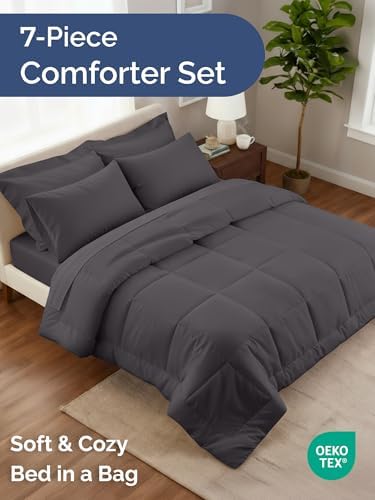 King Comforter Set - 7 Piece Bed in a Bag King Size Bed Set - Dark Grey