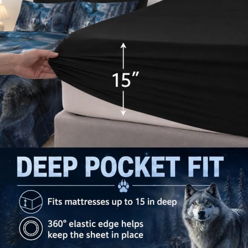AILONEN Boys Snow Wolf Comforter Set Full 7-Piece Bed in a Bag - Printed Bedding Set for Kids Adults, Safari Animal Comforter, Fitted Sheet, Flat Sheet, 2 Pillowcases, 2 Pillow Shams - Black