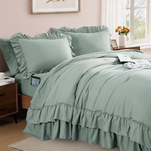 Oversized King Comforter Set Sage Green Ruffle 7 Pieces Bed in a Bag