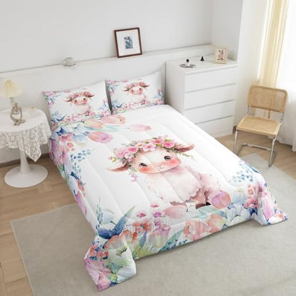 Feelyou Cute Sheep Comforter Set King Size Kids Cartoon Animal Comforter for Boys Girls Teens Flower Floral Print Bedding Set Farm Zoo Garden Theme Duvet Set Room Decor Quilt Set