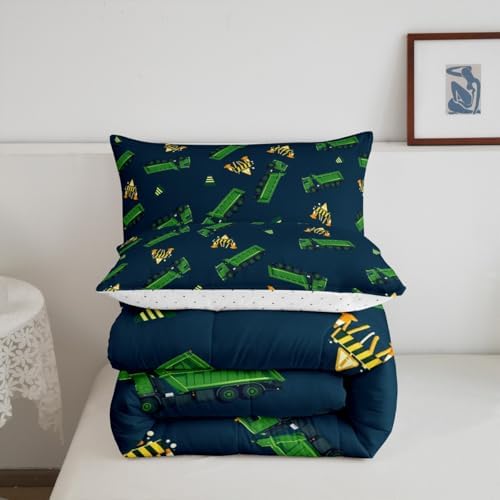 Feelyou Garbage Truck Toy Print Warm Comforter Setfor Kids Boys, Green Garbage Truck Bedding Set Cartoon Equipment Comforter Navy Blue Decor All Season Quilt Room 3Pcs King Size Boys