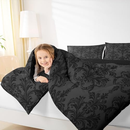 Manfei Black Damask Comforter Set Twin Size, Gothic Vintage Damask Floral Bedding Set 2pcs, Antique Victorian Baroque Down Comforter for All Season, Man Woman Adult Room Decor, 1 Pillowcase, No Sheets