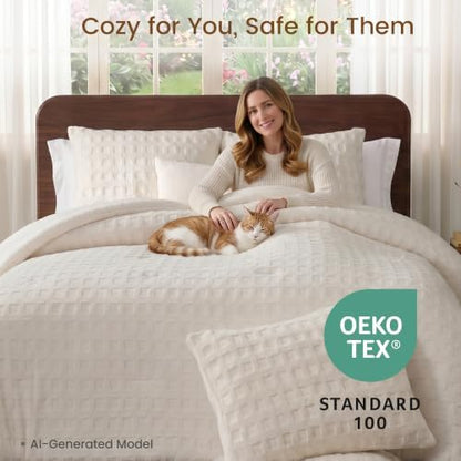 Plush Fleece Comforter Set Queen with Teddy Waffle Textured , Cream White