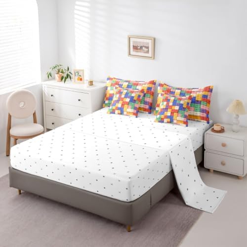 Feelyou Building Block Print 7 Piece Bedding Set King Size Kids Brick Styles Comforter Set with Sheets for Boys Teens Colorful Gaming Bed in a Bag Green Red Yellow Blue Room Decor
