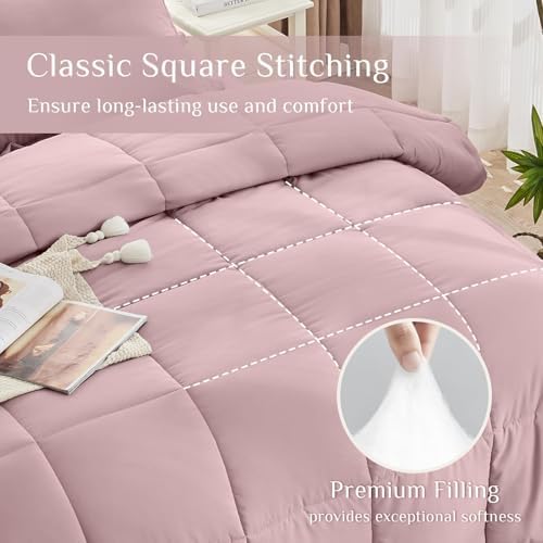 JOLLYVOGUE King Comforter Set, Ultra-Soft Bed in a Bag King Size 7 Pieces, Oeko-TEX Certified Bedding Set with Down Alternative Comforter, Sheets, Pillowcases & Shams, Camio Pink
