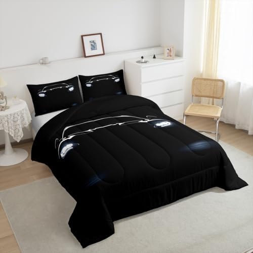 Black Race Car Comforter Set Queen Size,Race Car Room Decor for Boys,Sports Bedding Sets for Kids Boys Girls Teens,Cars Racing Games Bedding Comforter Set,Luxury Soft With 2 Pillow Cases Bedroom Decor