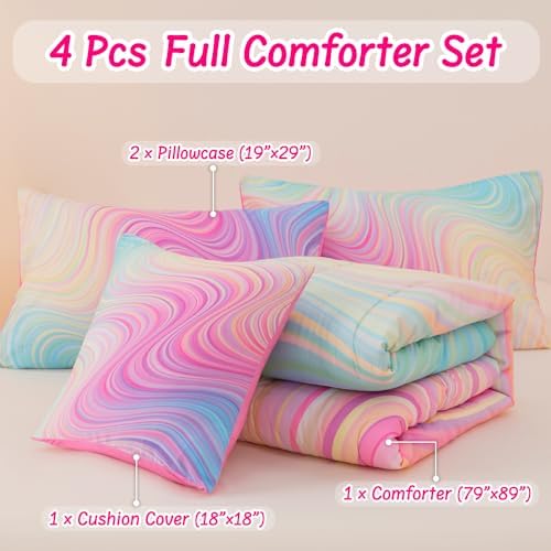 4 Pcs Girls Full Bedding Set, Tie Dye Superior Teen Comforter Sets, Pink Rainbow Full Bedding Set for Girls