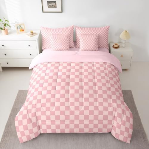 jejeloiu Pink Plaid Bedding Set 7Pcs Queen Size Kids Checkered Comforter Set with Sheets for Boys Girls Classic Grid Buffalo Check Bed in a Bag Soft Lightweight,Microfiber