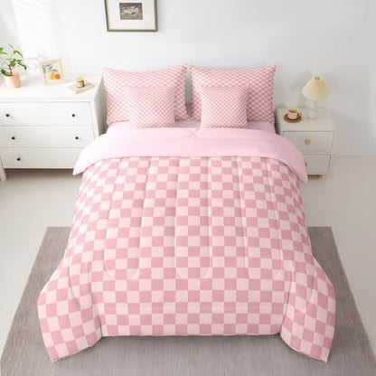 jejeloiu Pink Plaid Bedding Set 7Pcs Full Size Kids Checkered Comforter Set with Sheets for Boys Girls Classic Grid Buffalo Check Bed in a Bag Soft Lightweight,Microfiber